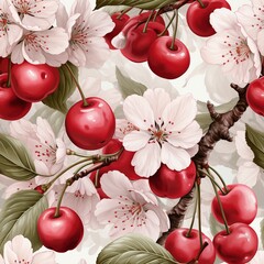 Wall Mural - Cherry tree seamless pattern