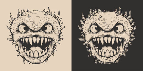 vintage retro halloween monster beast spooky scary horror element. monochrome graphic art. vector. h
