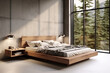 © photobuay - Contemporary Comfort Exploring the Interior Design of a Modern Bedroom with a Wooden Bed and Concrete Floor. created with Generative AI