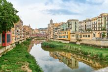 View Of Old Town Girona, Catalonia, Spain, Europe. Summer Travel.