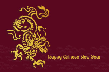 Chinese New Year 2024, the year of the Dragon, red and gold line art characters, simple hand-drawn Asian elements with craft (Chinese translation: Happy Chinese New Year 2024, year of the Dragon)