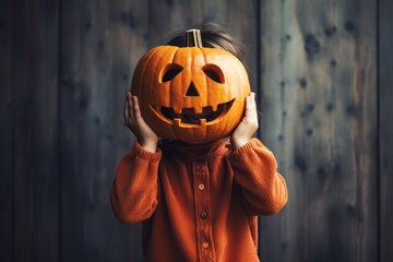 Cute child holding halloween pumpkin head over their face