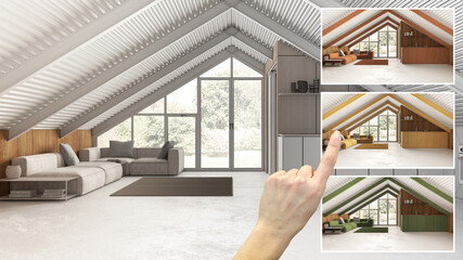 Aufkleber - Architect designer concept, hand showing mansard living room and kitchen, colors in different options, interior design project draft, color picker, material sample