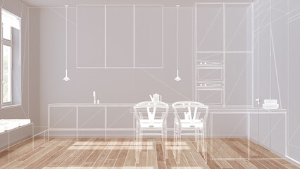 Wall Mural - Empty white interior with parquet floor and window, custom architecture design project, white ink sketch, blueprint showing kitchen with island and chairs