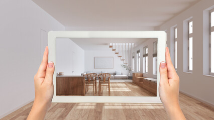 Wall Mural - augmented reality concept. hand holding tablet with ar application used to simulate furniture and de