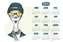 Calendar 2024 With Funny Hipster Ostrich. Hand Drawn Horizontal Poster With Wild Casual Animal. Printable Calendar Grid Template, Monday First.