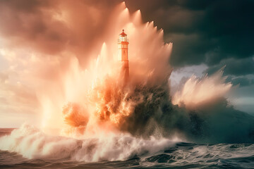 Wall Mural - Big storm wave with a lighthouse on the ocean. Generative AI