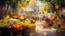  Oil Painting, Capturing The Vibrant Colors And Textures Of A Bustling Farmer's Market, Fresh Vegetables And Fruits In A Riot Of Color, Softly Lit By The Morning Sun, On Canvas