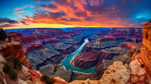 Panoramic View Of The Grand Canyon, Vibrant Colors At Sunset, Abstract Mosaic Of Patterns And Shapes, Extreme Wide Angle
