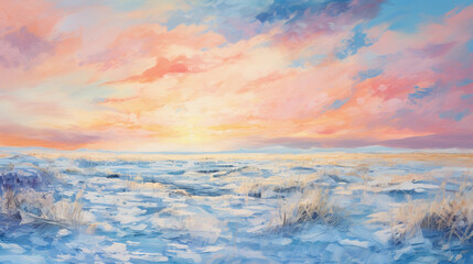 Wall Mural - icy tundra landscape under a vibrant, pastel - colored sky, abstract impressionist style, palette kn