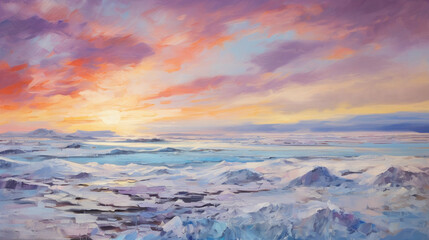 Wall Mural - icy tundra landscape under a vibrant, pastel - colored sky, abstract impressionist style, palette kn