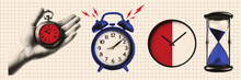 Vintage Set Of Halftone Clocks. Hourglass, Pocket And Wall Clocks, Alarm Clock. Time Management And Deadline Concept. Retro Pop Art Illustration. Vector.