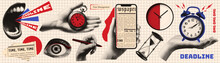Vintage Collage. Halftone Hands, Mouth, Eyes, Clock.  Concept Of Deadlines And Time Management. Retro Newspaper. Modern Vector Illustration.