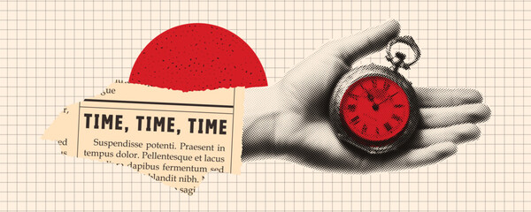 Poster - A hand holds an pocket clock. Trendy halftone collage. Concept of coming deadline and time management. Contemporary vector banner on vintage checkered background.