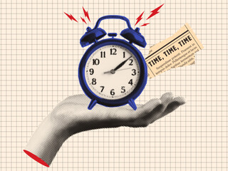 A hand holds an alarm clock. Trendy halftone collage. Concept of coming deadline. Contemporary vector banner on vintage checkered background.