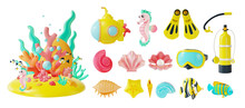 3d Underwater World And Diving Adventure Concept Icon Set Cartoon Style Include Of Mollusk Seashells Different Forms Under Water, Yellow Submarine And Sea Horse. Vector Illustration
