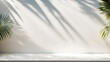 © jxvxnism - Minimal white wall background with palm tree leaves and shadows. Tropical background scene for product placement, product presentation, or product showcase.
