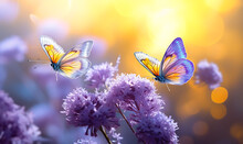 Two Purple And Yellow Butterflies On A Lavender Flower Field. Blurred Sunlight In The Background