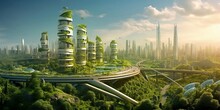 Spectacular Eco-futuristic Cityscape Full With Greenery, Skyscrapers, Parks, And Other Manmade Green Spaces In Urban Area. Green Garden In Modern City. Digital Art 3D Illustration. Generative AI 