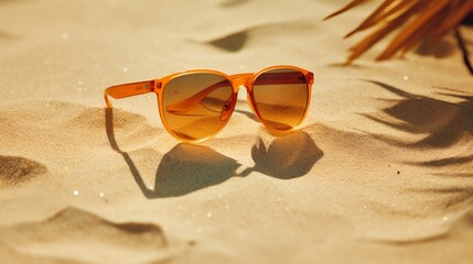 Orange sunglasses in the sand at the beach. Holiday concept photo for websites or blogs.