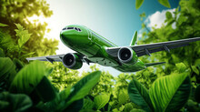 Airplane In Leaves On Green Copyspace Background. Sustainable Travel, Zero Emissions Travel Concept
