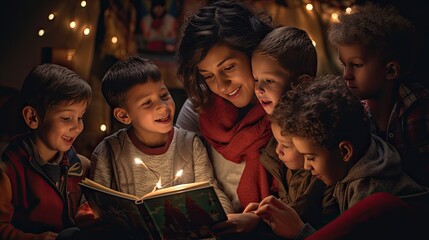 A heartwarming image of the model, surrounded by playful children, reading a Christmas storybook aloud with animated expressions, in a room illuminated solely by tree lights and candles