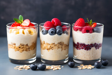 Wall Mural - Three glasses of delicious yogurt with musli oatmeal, berries, banana blueberry, and pomegranate. In a style of dessert with cream and details of mint. Gourmet photography.