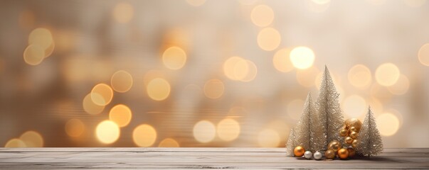 an empty wooden table in a setting with a christmas tree, in the style of light white and light brown, multilayered texture, bokeh, light orange and light gray, organic made with Generative AI