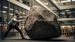 © Filip - The business model, in an expansive, almost empty office space, pushing a heavy boulder uphill, an allegorical representation of the perseverance required in business challenges.