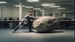 © Filip - The business model, in an expansive, almost empty office space, pushing a heavy boulder uphill, an allegorical representation of the perseverance required in business challenges.