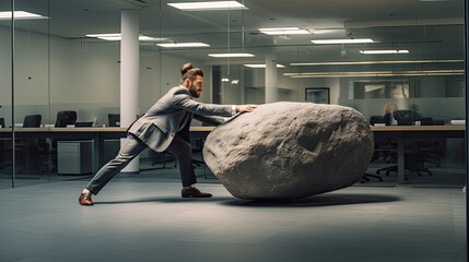 The business model, in an expansive, almost empty office space, pushing a heavy boulder uphill, an allegorical representation of the perseverance required in business challenges.