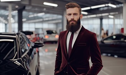 Visiting car dealership. Handsome bearded man is strok made with Generative AI