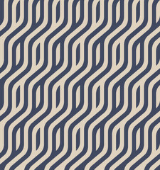 Seamless repeating pattern with diagonal wavy lines in blue and white. Geometric striped ornament. Monochrome linear waves. Modern stylish texture. Vector image.