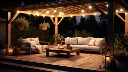 Sticker - Simple patio furniture and string lights surrounded by greenery at night.