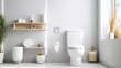 Restroom and ceramic toilet bowl with shelving unit and wicker basket in fashionable house.