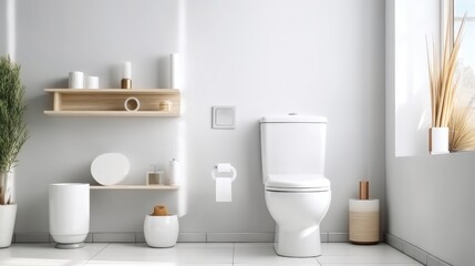 Wall Mural - Restroom and ceramic toilet bowl with shelving unit and wicker basket in fashionable house.