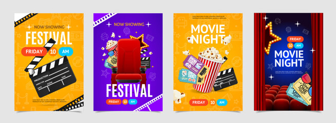 Wall Mural - Cinema Festival and Movie Night Placard Poster Banner Card Template Set with Tickets, Clapper Board and Bucket of Popcorn. Vector illustration of Cinematography Event