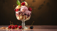 Ice Cream Sundae With Berries Sauce And Flake