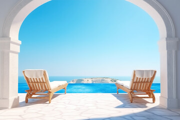 Two chaise lounges on the terrace overlooking the sea