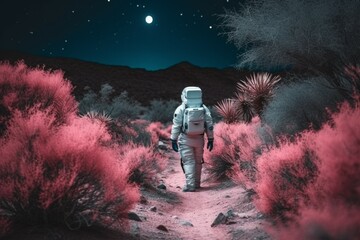 Astronaut pink planet spacesuit. Generate Ai