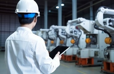 Poster - Backview robot engineer person. Generate Ai