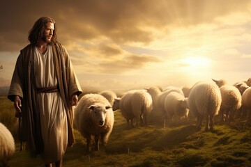 Wall Mural - Heavenly Shepherd: Jesus Walking Amidst Sheep in a Meadow Setting
