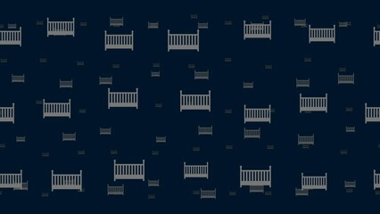 Poster - Baby cot symbols float horizontally from left to right. Parallax fly effect. Floating symbols are located randomly. Seamless looped 4k animation on dark blue background