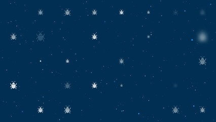 Poster - Template animation of evenly spaced bug symbols of different sizes and opacity. Animation of transparency and size. Seamless looped 4k animation on dark blue background with stars