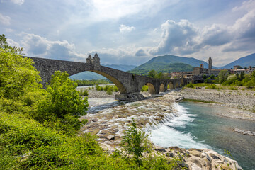 Sticker - Gobbo Bridge also Devil Bridge or Ponte del Diavolo or Ponte Gobbo in Bobbio, Piacenza province, Trebbia Valley, Emilia Romagna, Italy