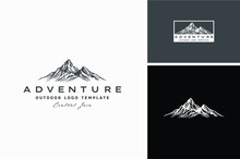Mountain Hand Drawn Silhouette Black White For Vintage Adventure Outdoor Landscape Logo Design