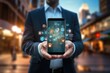 Businessman holding smart phone with application icons on the screen. 3D rendering, Businessman on blurred background holding 3D rendering mobile applications in his hand, AI Generated