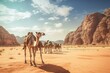 Camels in Wadi Rum desert, Jordan. Vintage filter. Camels in Wadi Rum desert, Jordan in a summer day, AI GeneratedCamels in Wadi Rum desert, Jordan. Vintage filter. Camels in Wadi Rum desert, Jordan i