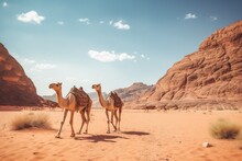 Camels In Wadi Rum Desert, Jordan. Vintage Style. Camels In Wadi Rum Desert, Jordan In A Summer Day, AI Generated