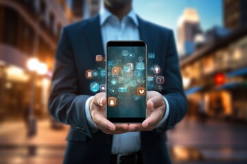 Poster - Businessman holding smart phone with application icons on the screen. 3D rendering, Businessman on blurred background holding 3D rendering mobile applications in his hand, AI Generated